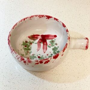 Bybee Pottery Christmas Handled Soup Bowl - Red Bow and Holly